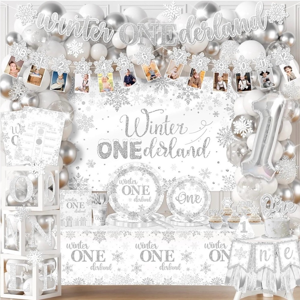 ❄️ Winter ONEderland 1st Birthday Party Set – Silver Snowflake Theme – Full Kit